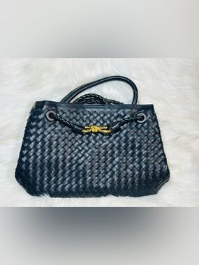Woven Shoulder Bag in Black with Gold Accent